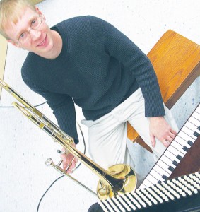 <span class='credit'>Photo By: Kristyn Sonnenberg | Photo Editor</span><span class='description'>Matt Moresi plays a number of instruments, including the piano, trombone, and accordion pictured here, along with teaching and composing. You can witness his talent many weekends throughout the year at Schuberg’s Bar as part of the Susan Morris and Kiko Jazz group.</span>
