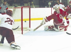 Take a Shot: Senior Blair Riley (#25) shoots for a goal during Friday’s game against Ohio State. Riley earned his second career hat trick, scoring his first goal about five minutes into the game. Ferris came out victorious with a score of 8-1 on Friday and 6-5 in overtime on Saturday, bringing their record for home games to 8-0-0. Photo By: Kate Dupon | Photographer