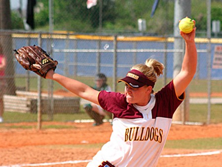 Winding Up: Senior Kayle Stevenson winds up for the pitch to Shippensburg. She gave up only five hits during the game, helping the team toward a 6-0 victory. Photo courtesy of Ferris State Athletics