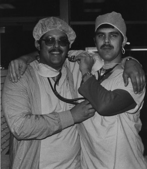 Licensed for laughs: Gary Blied and Frank Marzano pose in their scrubs. Their intermission antics became an infamous part of Ferris hockey games. Photo Courtesy of FSU Photo Services