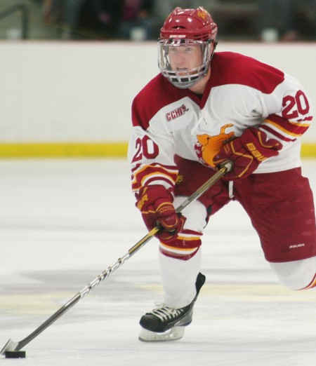 Defeating the Spartans: Matthew Kirzinger, above, and the Ferris State hockey team defeated Michigan State on Nov. 23 with a final score of 3-0. The Bulldogs are ranked 20th in the nation. Photo By: Brock Copus | Photographer