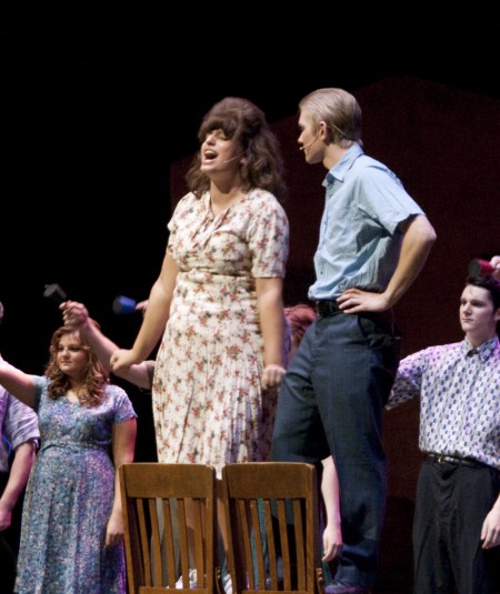 Dazzling the Stage: Andie Ancevski and Jake Miller who played Tracy Turnblad and Link Larkin light up the stage during the performance of Hairspray. Ferris State’s production of Hairspray hit the stage from Nov. 4-7. Photo By: Kate Dupon | Photo Editor