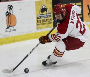 Series Victory: Brett Wysopal, above, skates with the puck during a pervious Bulldog hockey game. Ferris State swept the Alaska Nanooks for the first time since the 2002-03 season. Photo By: Brock Copus