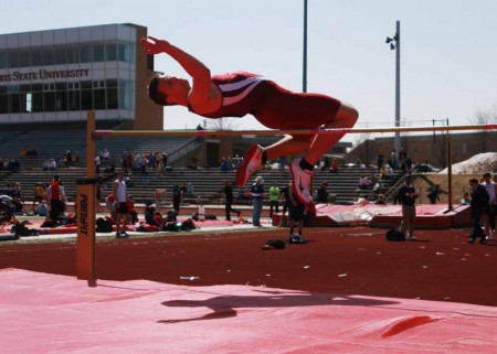 Up and Over: Andrew Rumpz, freshman, high jumps during the Bulldog Invitational on April 9. Photo By: Brock Copus | Photographer Up and Over: Andrew Rumpz, freshman, high jumps during the Bulldog Invitational on April 9. Photo By: Brock Copus | Photographer