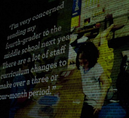 Hillcrest Projections: An example of what graphic design students will be projecting onto the Hillcrest Elementary School building. The projection brings awareness to the closed school. Photo By: Kate Dupon | Photo Editor