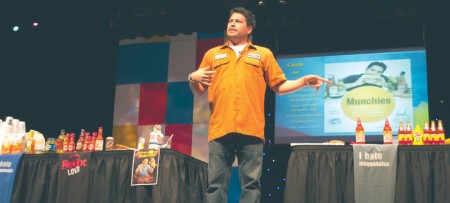 The Food Dude: Kevin Roberts speaks to an audience in the Williams Auditorium about college food. Covering all aspects from breakfast to late night snacks, “The Food Dude” shared his culinary knowledge. Photo By: Eric Trandel | Photographer