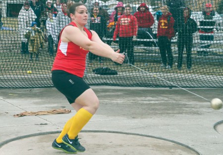 Swing Around: Bulldog junior thrower Jessica Pilling competes in the hammer throw. Pilling would finish in first with a throw of 53.86 meters. Photo By: Brock Copus | Multimedia Editor