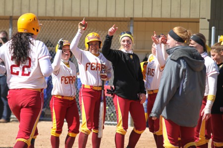 Bringing It Home: Bulldog junior Amy Dunleavy finishes a trip around the bases on her second home run of the doubleheader versus Lake Superior State University. The Lady Bulldogs won both games as part of their home opener. Photo By: Brock Copus | Multimedia Editor