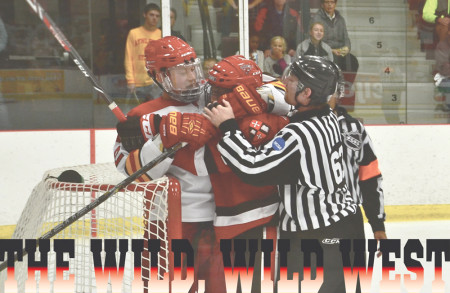Junior forward TJ Schlueter shows some love to an opponent after a play in an early season game against St. Lawrence. The Western Collegiate Hockey Association regular season wraps up this weekend, with Ferris State Hockey facing Lake Superior State in Big Rapids with a chance to win the regular season championship. Photo by Harrison Watt, Sports Editor