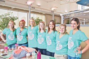 Dorthilen Taylor, Lindsey Theis, Andrea Kriz, Kate Volz, and Christina Randall, Bailey Andor handing out info about Panhellic Sorority recruitment 2014, in the IRC.