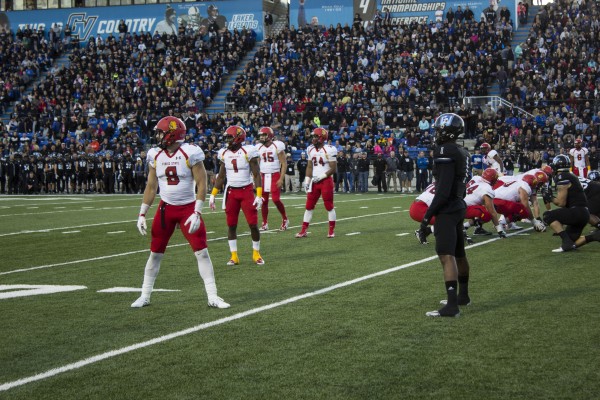 The Ferris St. skill players look to the sideline for a play call early in the second quarter.