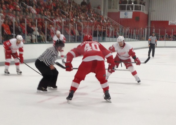 Detroit Red Wings captain Henrik Zetterburg squares up for a face-off in the Red side's end of the ice.