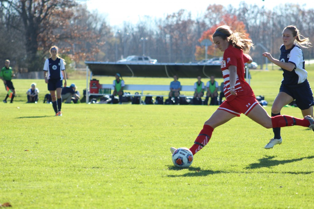 Ferris State senior midfielder Abby Meirndorf attempts a pass in a game against Northwood earlier this season.