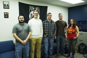 Members of the FSU Veterans Association pose in the Veterans Association room in the CLACS office. This room is place of comfort and understanding for FSU Veterans Association members.
