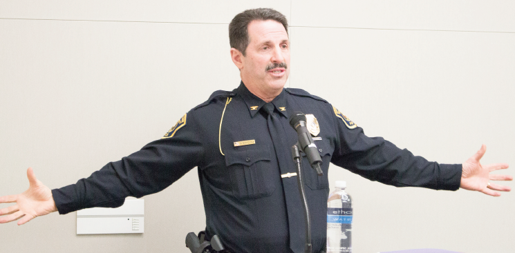 Department of Public Safety Director Bruce Borkovich lead a workshop discussing issues concerning emergency protocol and active shooter scenarios with students, staff and faculty.